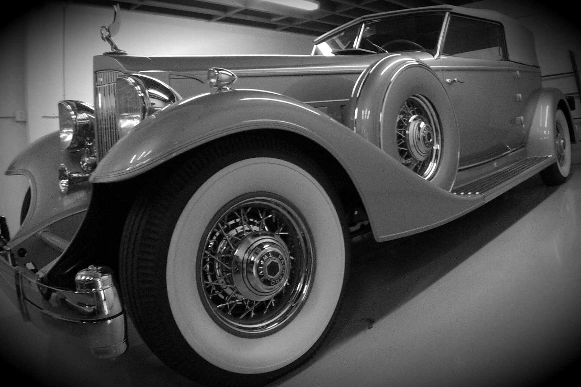 Classic convertible detail inside the shop