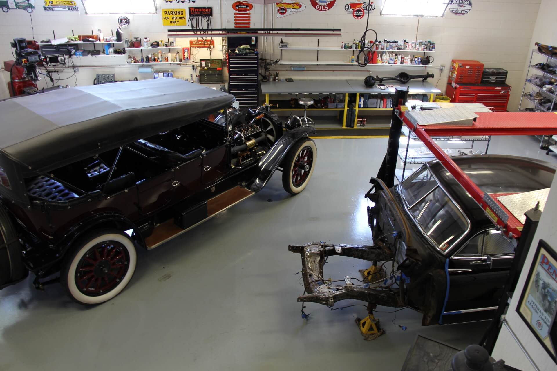 Black prewar collector automobile inside the Pumphrey and Co. workshop
